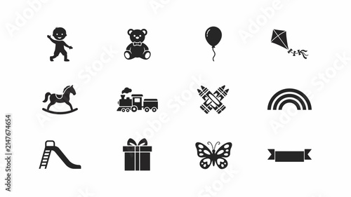 Принти на полотні Black and white playtime icons set with representing classic childhood displays