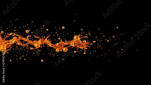 Golden liquid splash with droplets on black background
