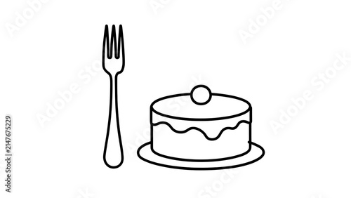 Fork and cake illustration on white background.