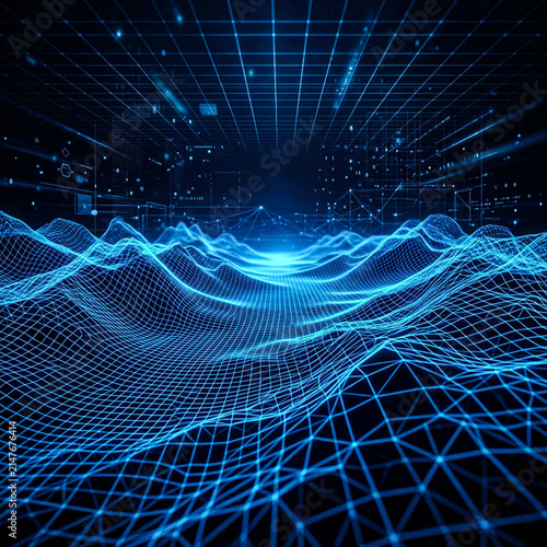 Futuristic Digital Wireframe Mesh Terrain Representing Advanced Data Processing and Virtual Landscape Environments for Modern Technology