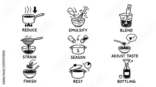 Hand drawn sauce condiment making icons reduce emulsify blend strain season adjust taste finish rest, black ink sketch vector illustration
