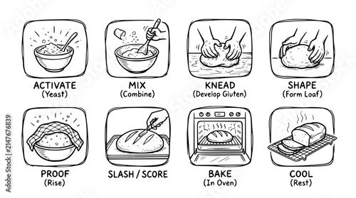 Hand drawn bread dough making icons activate mix knead shape proof slash score bake cool, black ink sketch vector illustration

