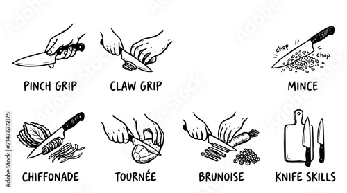 Hand drawn knife skill cutting technique icons pinch grip claw rock mince chiffonade tournee brunoise, black ink sketch vector illustration
