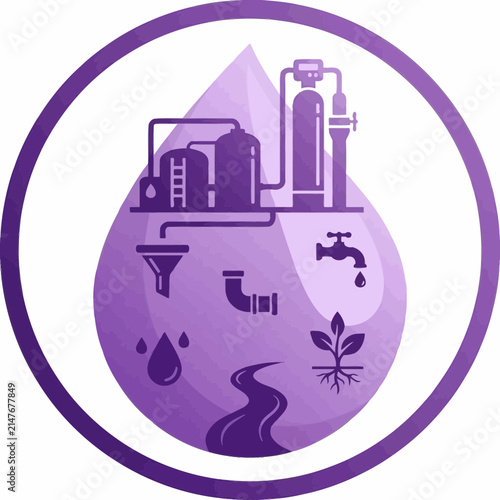 Water drop icon depicting industrial and natural water cycles.