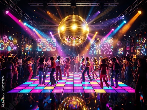 Vibrant 1970s disco dance floor scene with glittering mirror ball