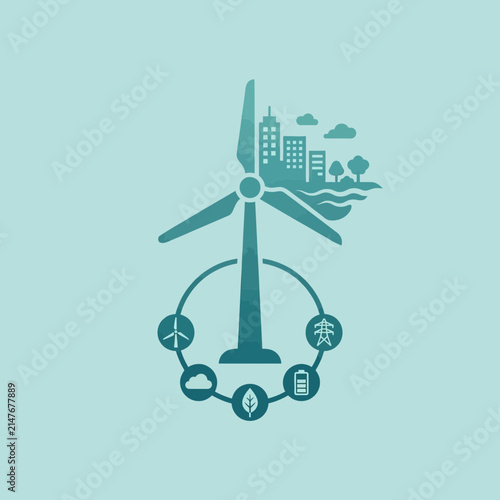 Wind turbine with city and eco icons.