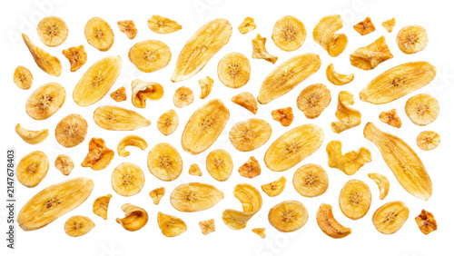 Banana Chips and Dried Fruit Slices on Transparent Background