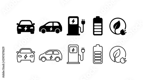 Electric Vehicle Charging Icon Set in Silhouette and Line Art