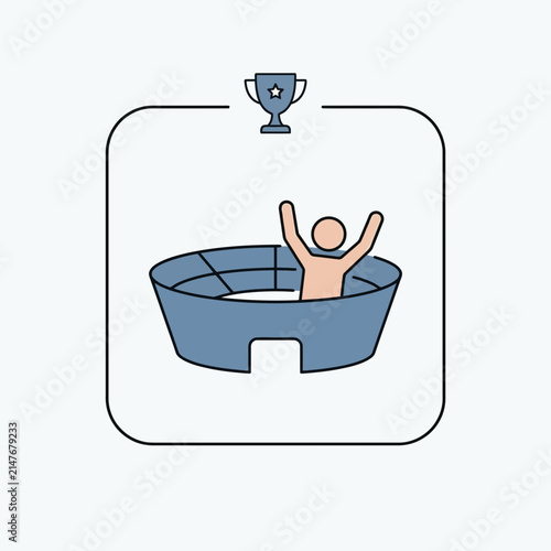 Winner cheering in stadium with success trophy icon.
