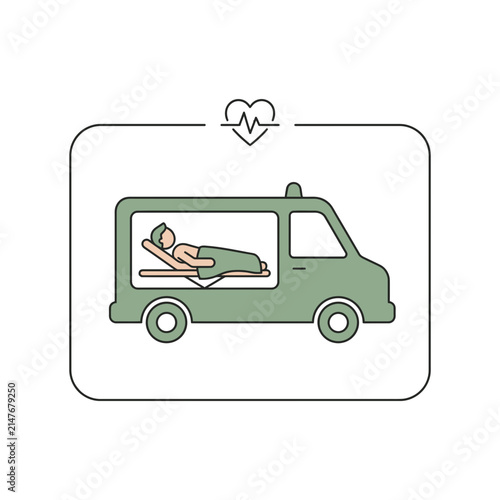 Ambulance vehicle transporting patient with heart rate icon.