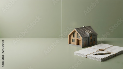 Architectural model of a wooden house with a stack of legal documents