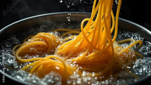 Fresh spaghetti cooking in boiling water