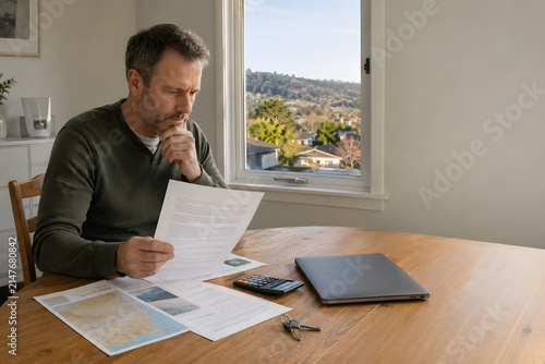 Thoughtful man analyzing documents and financial papers at a wooden desk near a window.