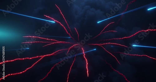 Glowing red particle explosion colliding with rapid blue energy laser beams in this high definition cinematic motion video clip featuring intense abstract digital sci-fi combat effects.