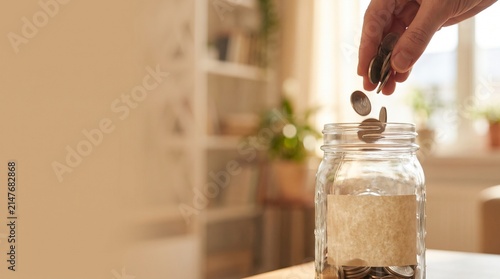 close-up of hand dropping coins into a glass jar labeled with a blank space (no text), soft natural lighting, blurred warm background