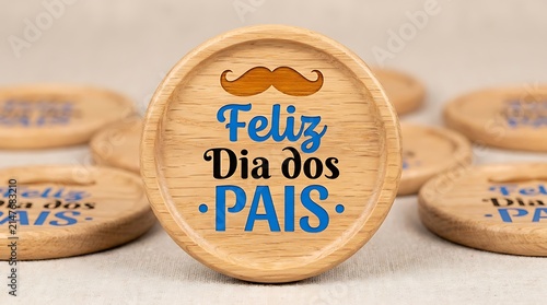 Feliz Dia dos Pais wooden coasters, rustic Father's Day gift set with mustache icon, natural wood discs for Portuguese holiday celebration