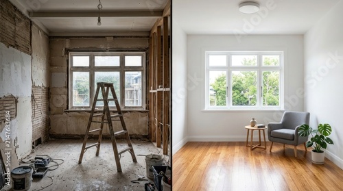 Split view comparison of residential room interior showing wall renovation process before and after with renovation remodeling interior construction comparison improvement