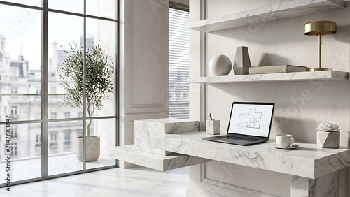 Elegant marble home office desk setup with laptop and decorative ceramic items
