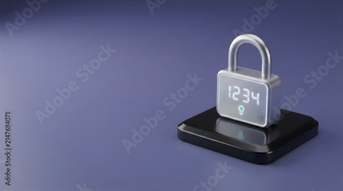 Naklejka Digital smart padlock with numeric display showing 1234 on a square base, 3d render concept for secure access