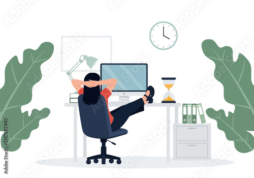 Illustration of an office worker relaxing at a desk with feet up business computer lifestyle employee corporate hourglass professional management interior