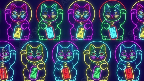 日本では商売繁盛の縁起物として定番の招き猫のカラフルなサイバーネオン　シンプルな2列の左右　ループ