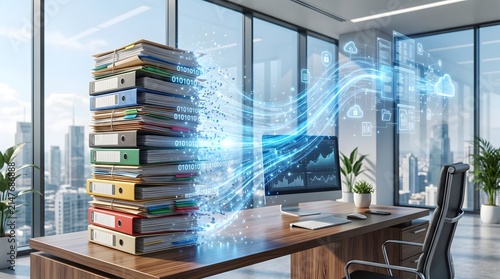 Colorful folders on a wooden desk transforming into digital data streams. Concept of digital archiving, cloud computing, and paperwork digitization.