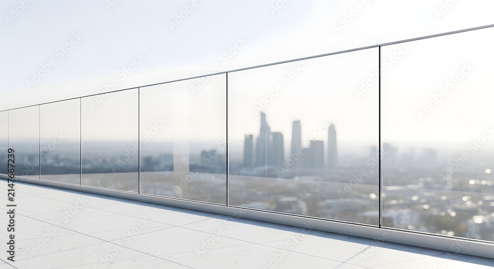 Fototapeta premium Modern glass balcony railing overlooking a hazy city skyline during the day.