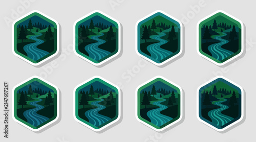 Hexagon Nature Patch Set: Winding River, Forest, Mountains - Vector Graphics