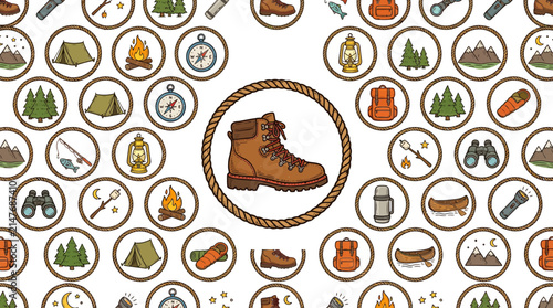 hiking boot icons set, outdoor adventure symbols