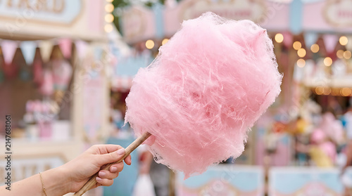 A Hand Holds Fluffy Pink Cotton Candy with Blurred Fairground Background