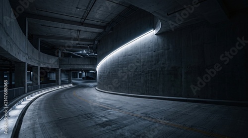 Glowing underground metro tunnel with vibrant city perspective and urban architecture light lines