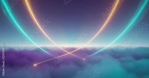 Luminous golden and cyan energy arcs streak across a dreamlike purple sky in this high quality abstract digital motion video footage for creative artistic visual projects.