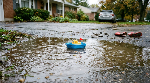 Bright blue toy boat with yellow figure and red flag floats in a wet puddle on a suburban street after rain