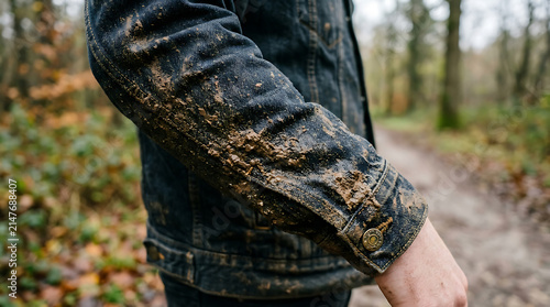 Close-up of a dark denim jacket sleeve heavily splattered with wet mud