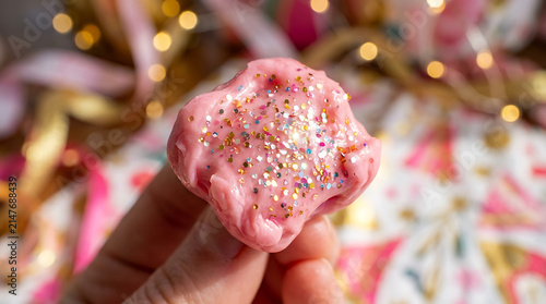 Close-up of a Hand Holding Pink Bubblegum Slime with Colorful Glitter and Bokeh Lights