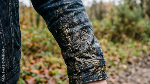 Close-up view of a denim jacket sleeve heavily soiled with mud and dirt during an outdoor activity