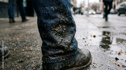 Close-up of muddy denim jeans and boot on a wet, outdoor street after splashing through dirt and water.