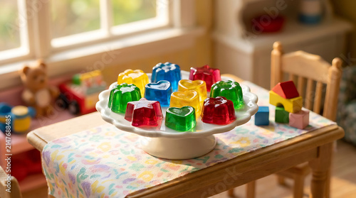 Collection of colorful miniature jelly desserts artfully arranged on a white tiered serving platter