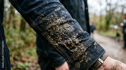 Close-up view of a muddy denim jacket sleeve with dirt and grime, showing wear and tear from outdoor activities
