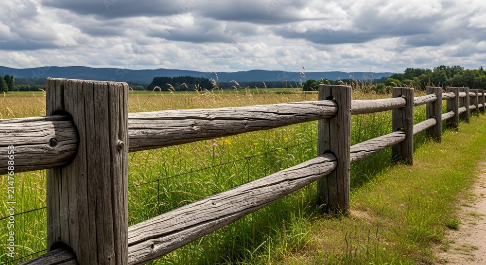 Fototapeta premium Rustic wooden fence bordering a lush green meadow under a cloudy summer sky.