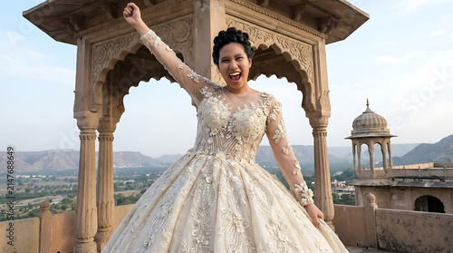 Joyful Bride Celebrating Her Wedding Day in an Exquisite Gown on a Palace Rooftop