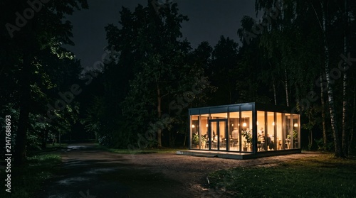 Scenic sunset over a rustic wooden cottage surrounded by lush trees and forest nature in the summer rural landscape