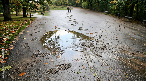 Muddy footprints marking a wet park path amidst autumn foliage after rainfall