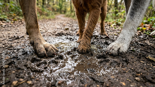 Three Wet Dog Paws Sink into Muddy Trail on Outdoor Forest Path