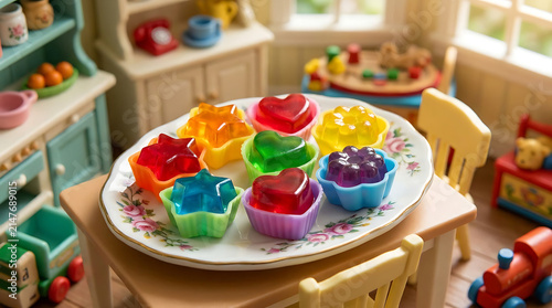 Vibrant Miniature Jell-O Molds in Assorted Shapes and Colors Arranged on a Decorative Platter