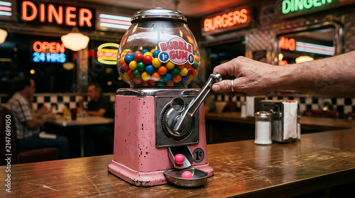 Vintage Pink Bubblegum Machine Dispensing Colorful Gumballs at a Retro Diner Counter