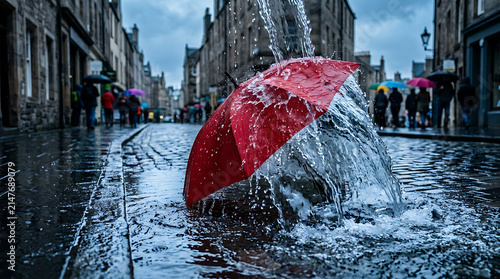 Vibrant Red Umbrella Navigates Rainy City Street Splashing Through Puddles