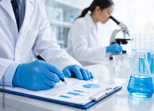 Scientists in Lab Coats Analyzing Data and Using Microscope with Blue Liquid Flasks - Laboratory Research, Chemistry and Science Experiment Concept
