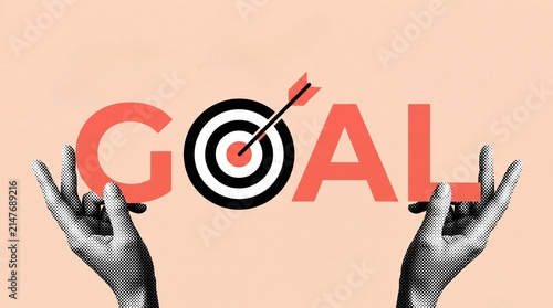 Creative graphic illustrating the concept of achieving goals, with hands supporting the word GOAL and a bullseye target replacing the 'O'.