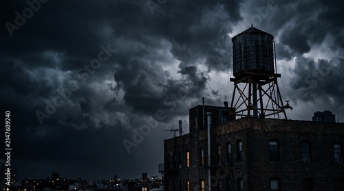 Old abandoned industrial building with towering steel chimney under a cloudy blue sky